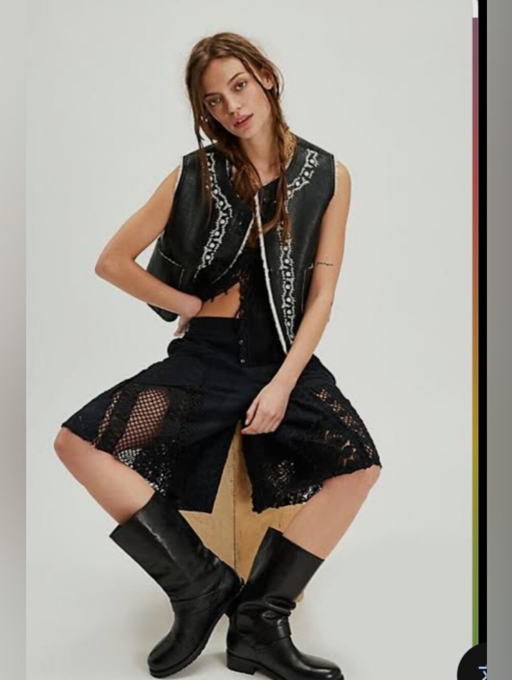 Free People Travelers Reversible Sherpa Black Embroidered Faux-Leather Vest S